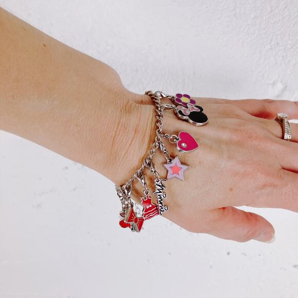 Minnie Mouse Disney Themed Charm Bracelet Silver Tone Pink Enamel VTG Y2K - Picture 7 of 14